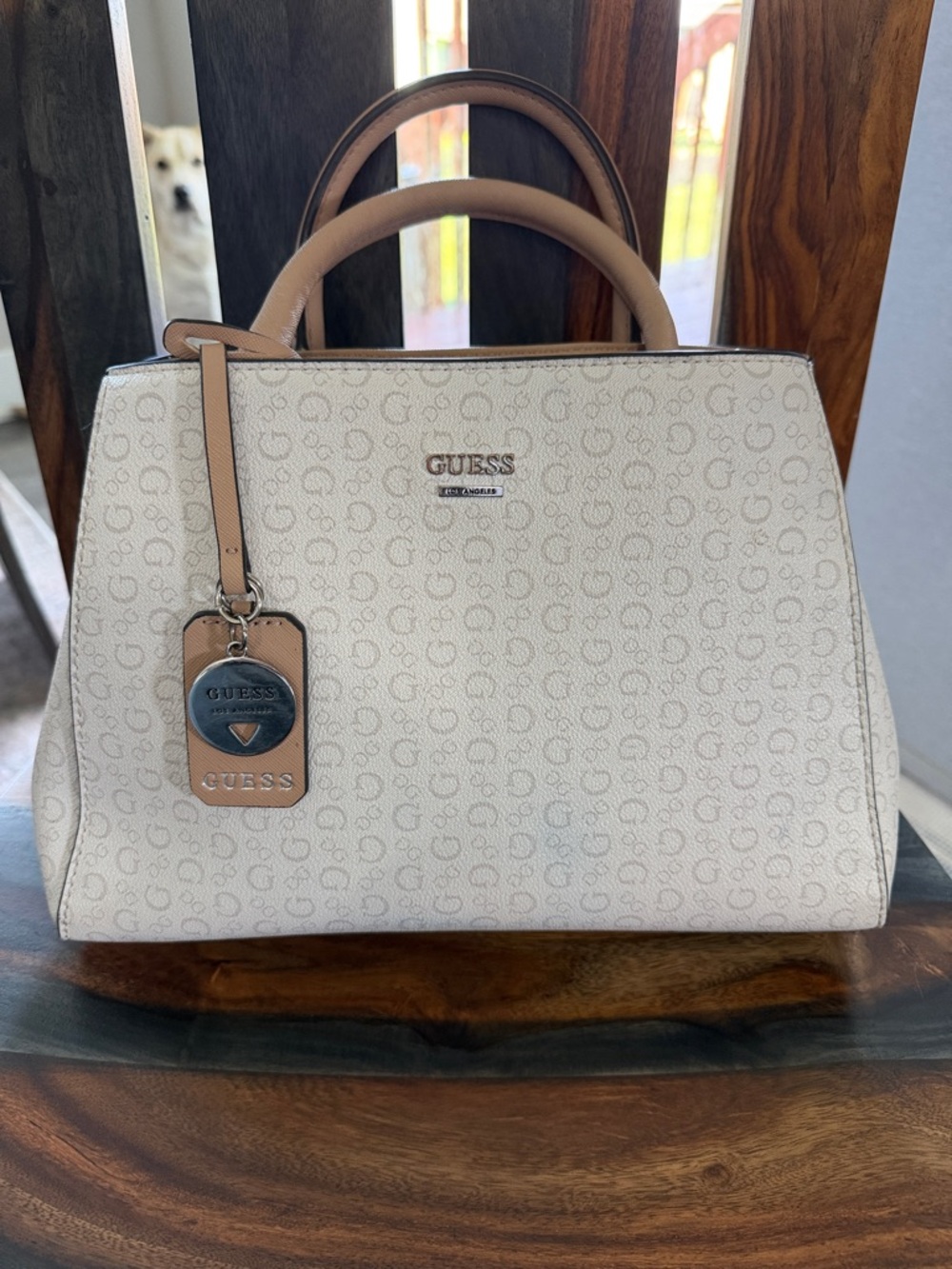 GUESS Cream Satchel with Tan Trim and Logo Charm